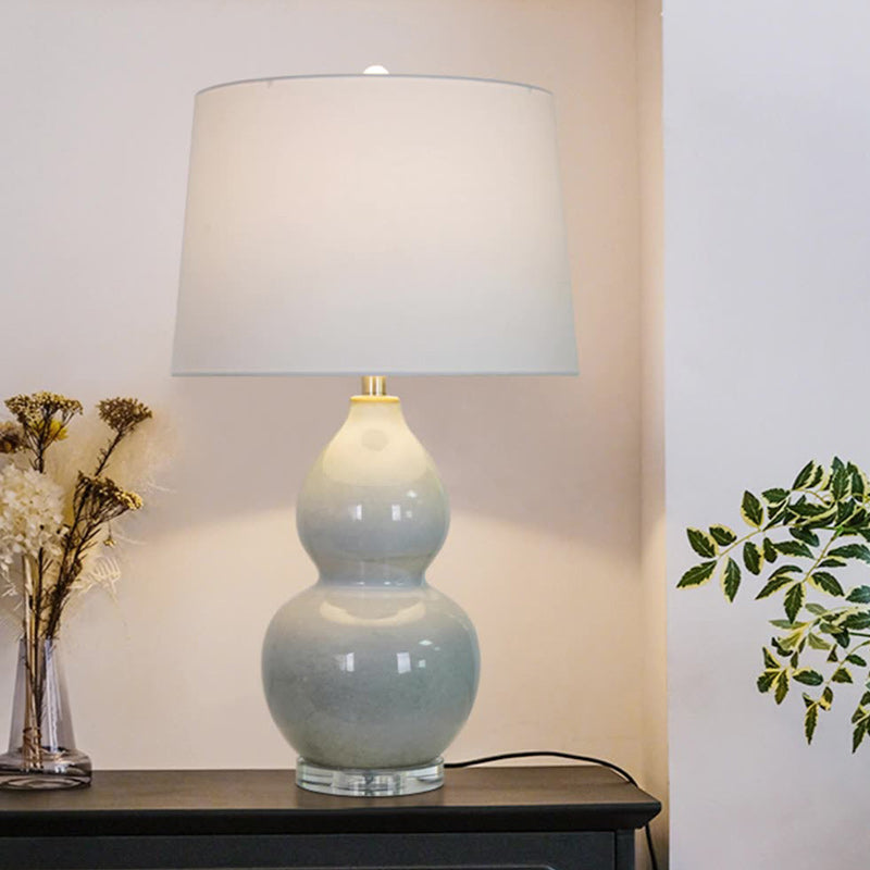Traditional Chinese Ceramic & Crystal Gourd Base Round Fabric Shade 1-Light Table Lamp For Bedroom & Living Room
