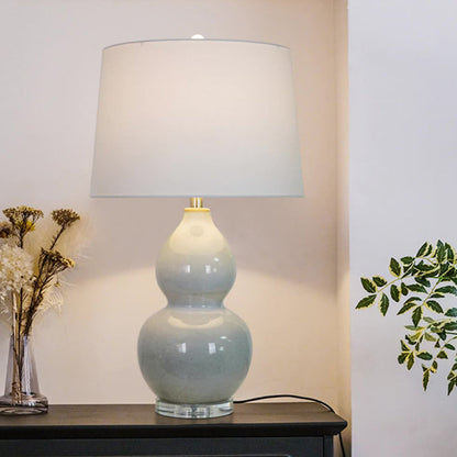 Traditional Chinese Ceramic & Crystal Gourd Base Round Fabric Shade 1-Light Table Lamp For Bedroom & Living Room