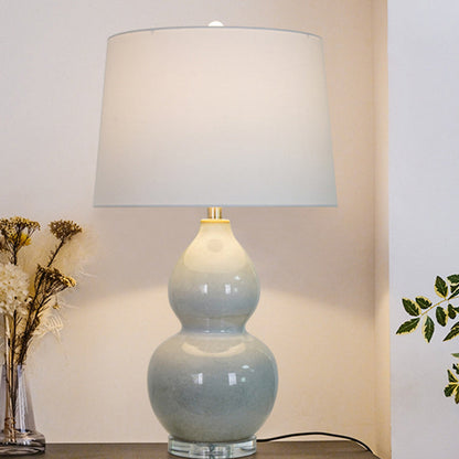 Traditional Chinese Ceramic & Crystal Gourd Base Round Fabric Shade 1-Light Table Lamp For Bedroom & Living Room