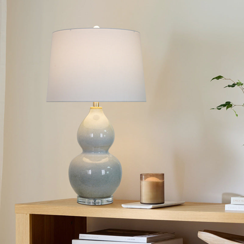 Traditional Chinese Ceramic & Crystal Gourd Base Round Fabric Shade 1-Light Table Lamp For Bedroom & Living Room