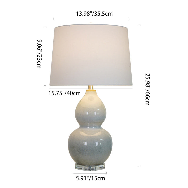 Traditional Chinese Ceramic & Crystal Gourd Base Round Fabric Shade 1-Light Table Lamp For Bedroom & Living Room