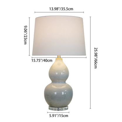 Traditional Chinese Ceramic & Crystal Gourd Base Round Fabric Shade 1-Light Table Lamp For Bedroom & Living Room