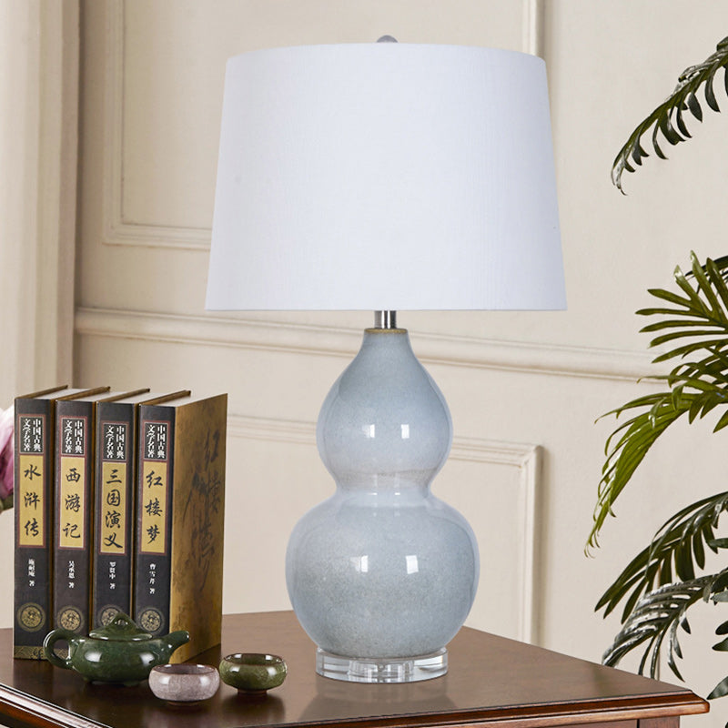 Traditional Chinese Ceramic & Crystal Gourd Base Round Fabric Shade 1-Light Table Lamp For Bedroom & Living Room