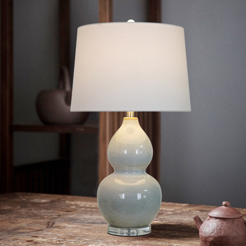 Traditional Chinese Ceramic & Crystal Gourd Base Round Fabric Shade 1-Light Table Lamp For Bedroom & Living Room