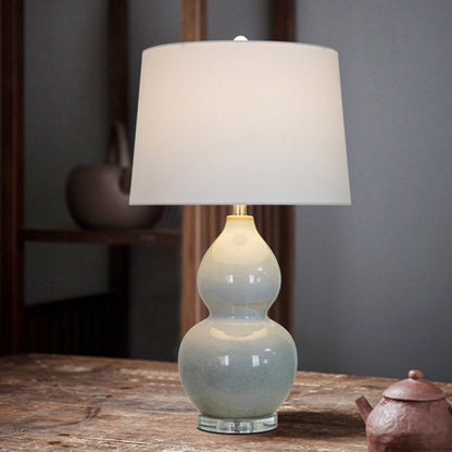 Traditional Chinese Ceramic & Crystal Gourd Base Round Fabric Shade 1-Light Table Lamp For Bedroom & Living Room