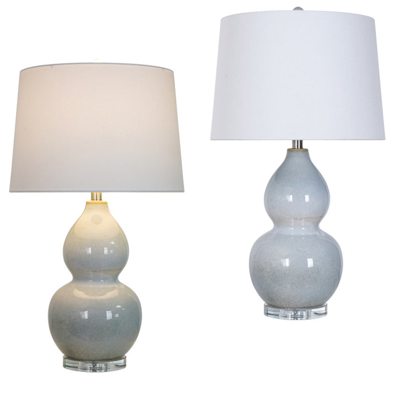 Traditional Chinese Ceramic & Crystal Gourd Base Round Fabric Shade 1-Light Table Lamp For Bedroom & Living Room