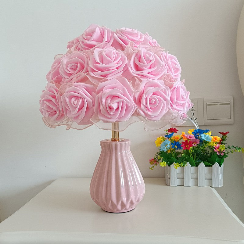 Modern Art Deco Ceramic & Fabric Rose Bouquet 1-Light Table Lamp For Bedroom & Living Room