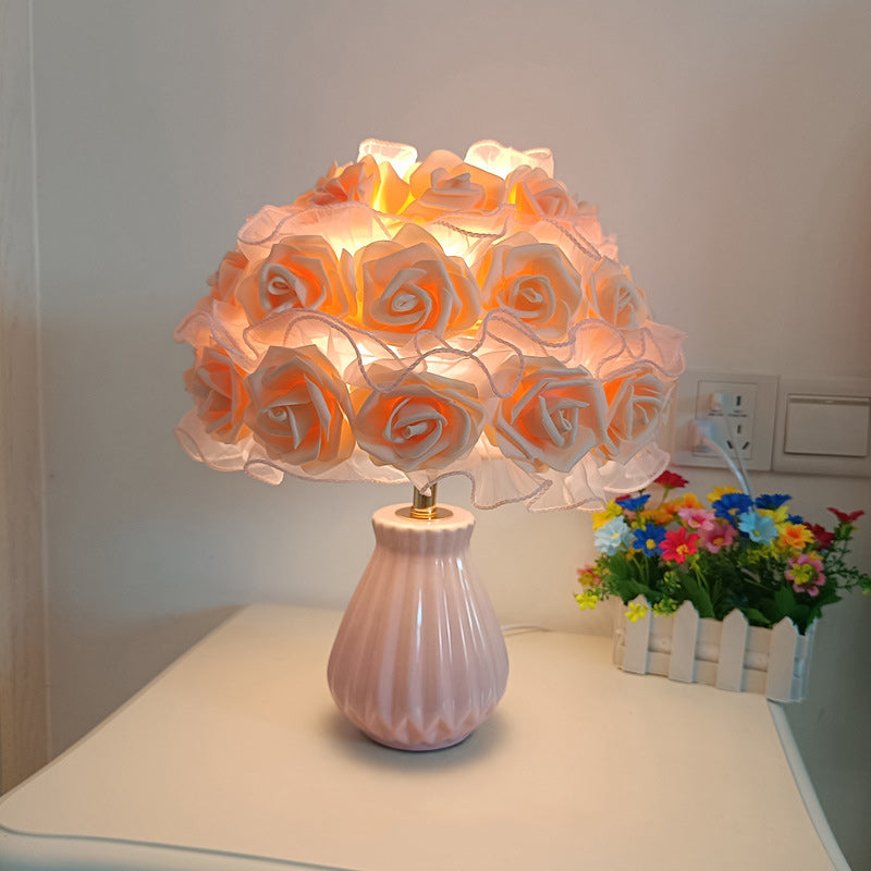 Modern Art Deco Ceramic & Fabric Rose Bouquet 1-Light Table Lamp For Bedroom & Living Room