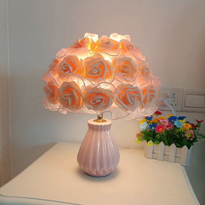 Modern Art Deco Ceramic & Fabric Rose Bouquet 1-Light Table Lamp For Bedroom & Living Room