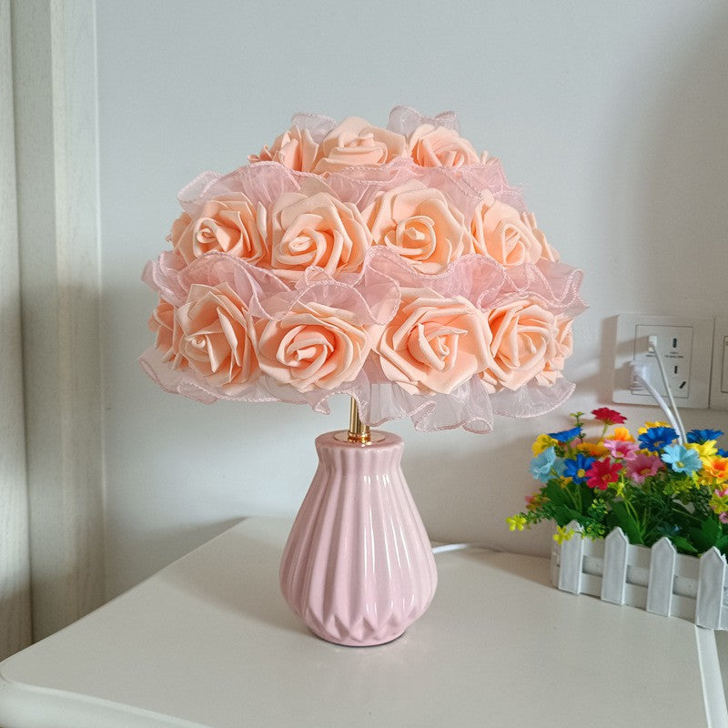 Modern Art Deco Ceramic & Fabric Rose Bouquet 1-Light Table Lamp For Bedroom & Living Room