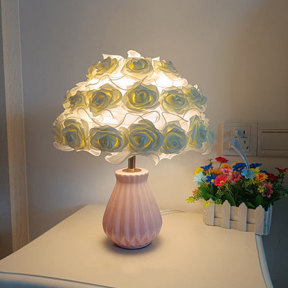 Modern Art Deco Ceramic & Fabric Rose Bouquet 1-Light Table Lamp For Bedroom & Living Room