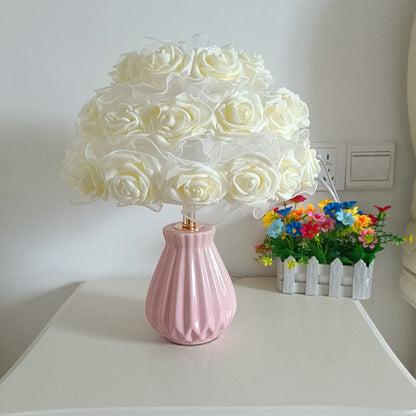 Modern Art Deco Ceramic & Fabric Rose Bouquet 1-Light Table Lamp For Bedroom & Living Room
