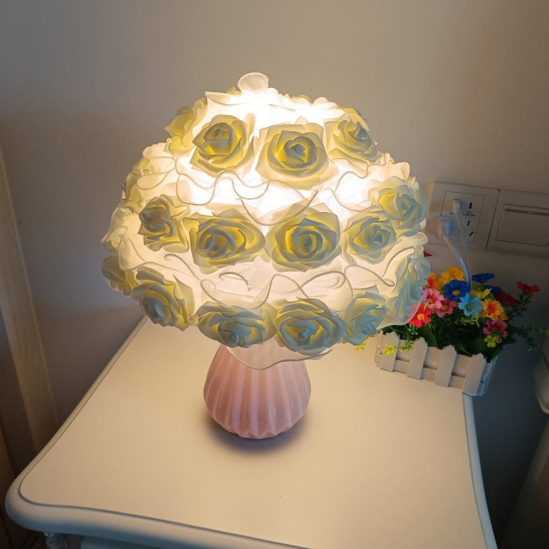 Modern Art Deco Ceramic & Fabric Rose Bouquet 1-Light Table Lamp For Bedroom & Living Room