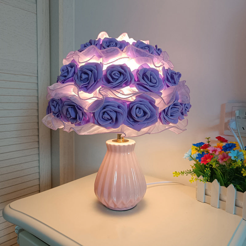 Modern Art Deco Ceramic & Fabric Rose Bouquet 1-Light Table Lamp For Bedroom & Living Room