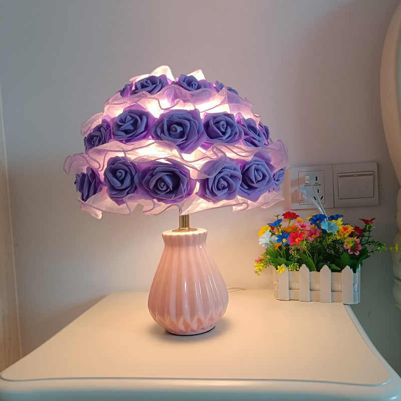 Modern Art Deco Ceramic & Fabric Rose Bouquet 1-Light Table Lamp For Bedroom & Living Room