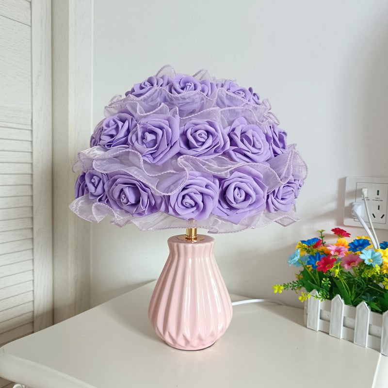 Modern Art Deco Ceramic & Fabric Rose Bouquet 1-Light Table Lamp For Bedroom & Living Room