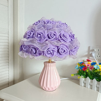 Modern Art Deco Ceramic & Fabric Rose Bouquet 1-Light Table Lamp For Bedroom & Living Room
