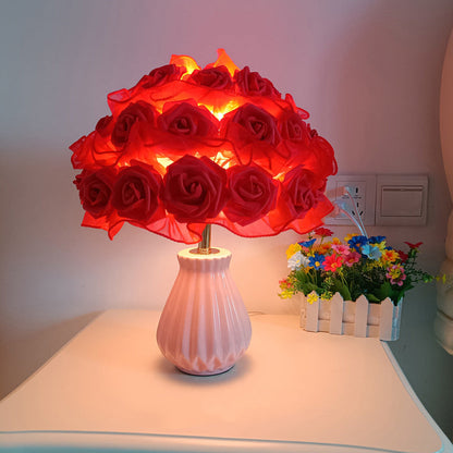 Modern Art Deco Ceramic & Fabric Rose Bouquet 1-Light Table Lamp For Bedroom & Living Room