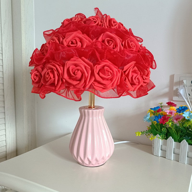Modern Art Deco Ceramic & Fabric Rose Bouquet 1-Light Table Lamp For Bedroom & Living Room