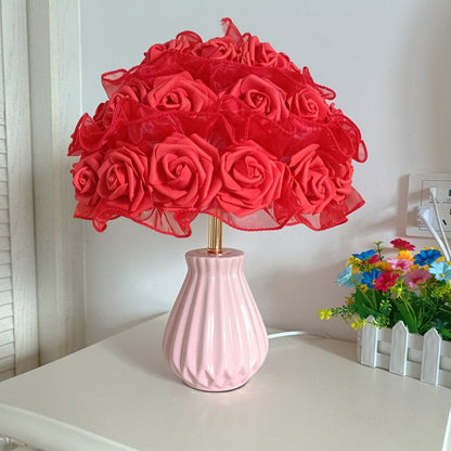 Modern Art Deco Ceramic & Fabric Rose Bouquet 1-Light Table Lamp For Bedroom & Living Room