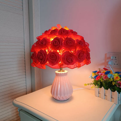 Modern Art Deco Ceramic & Fabric Rose Bouquet 1-Light Table Lamp For Bedroom & Living Room