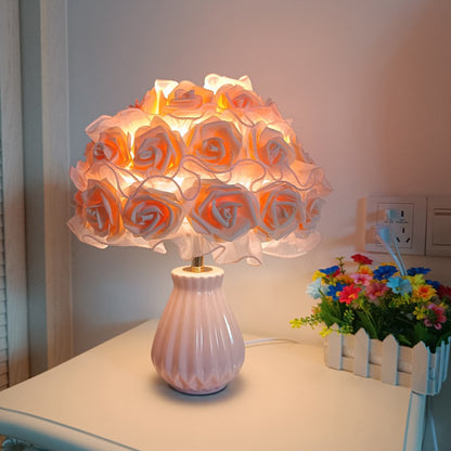 Modern Art Deco Ceramic & Fabric Rose Bouquet 1-Light Table Lamp For Bedroom & Living Room