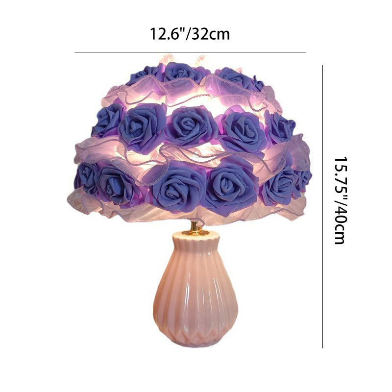 Modern Art Deco Ceramic & Fabric Rose Bouquet 1-Light Table Lamp For Bedroom & Living Room