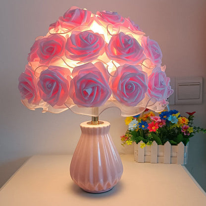 Modern Art Deco Ceramic & Fabric Rose Bouquet 1-Light Table Lamp For Bedroom & Living Room