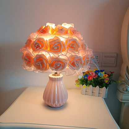 Modern Art Deco Ceramic & Fabric Rose Bouquet 1-Light Table Lamp For Bedroom & Living Room