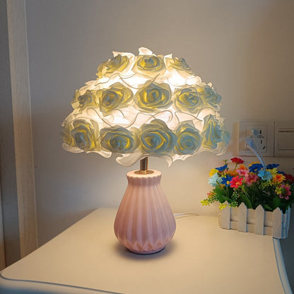 Modern Art Deco Ceramic & Fabric Rose Bouquet 1-Light Table Lamp For Bedroom & Living Room
