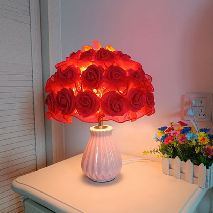 Modern Art Deco Ceramic & Fabric Rose Bouquet 1-Light Table Lamp For Bedroom & Living Room