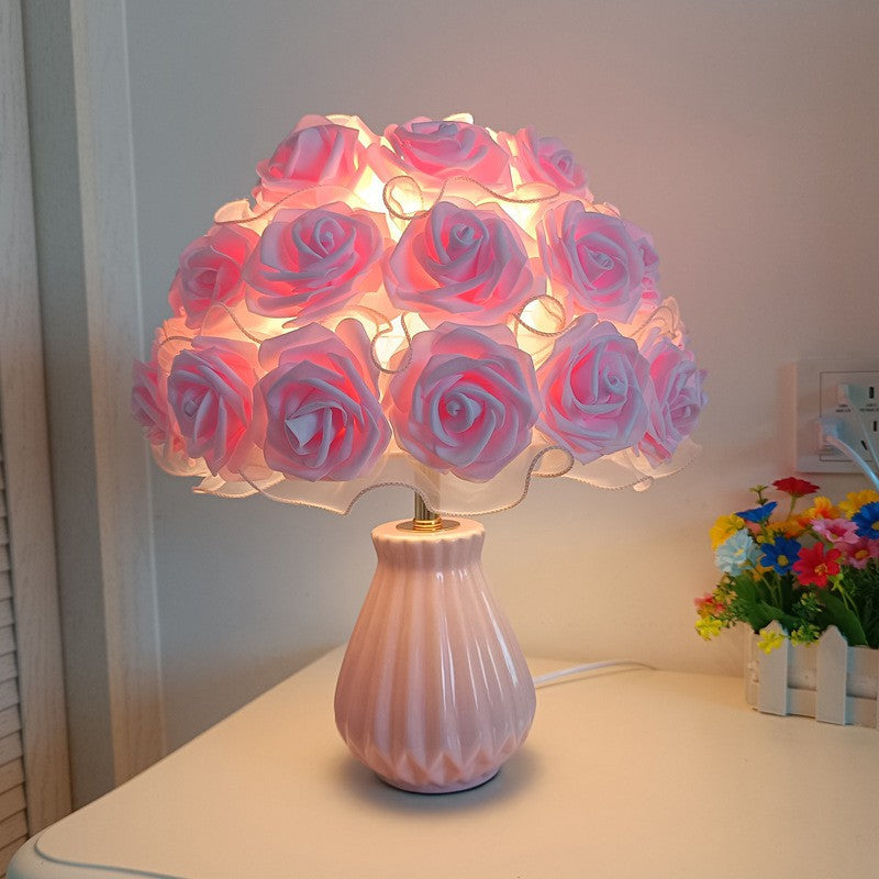 Modern Art Deco Ceramic & Fabric Rose Bouquet 1-Light Table Lamp For Bedroom & Living Room