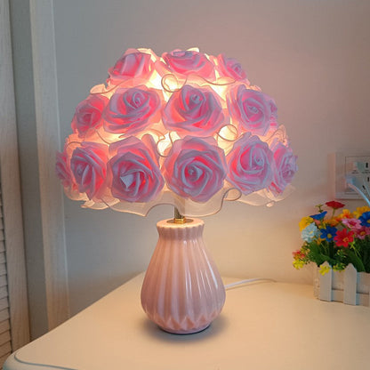 Modern Art Deco Ceramic & Fabric Rose Bouquet 1-Light Table Lamp For Bedroom & Living Room