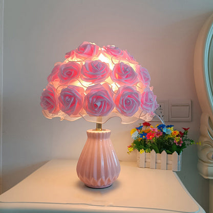 Modern Art Deco Ceramic & Fabric Rose Bouquet 1-Light Table Lamp For Bedroom & Living Room