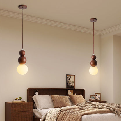 Traditional Vintage Solid Wood & Glass Round Gourd 1-Light Pendant Light For Bedroom & Living Room