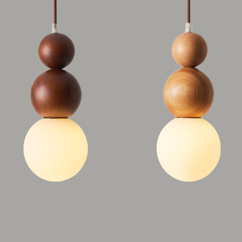 Traditional Vintage Solid Wood & Glass Round Gourd 1-Light Pendant Light For Bedroom & Living Room