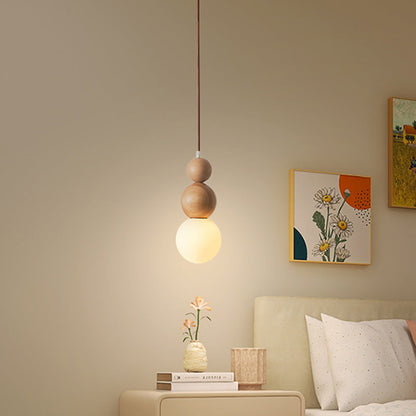 Traditional Vintage Solid Wood & Glass Round Gourd 1-Light Pendant Light For Bedroom & Living Room