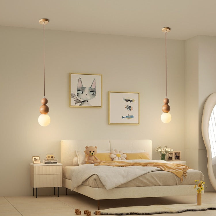 Traditional Vintage Solid Wood & Glass Round Gourd 1-Light Pendant Light For Bedroom & Living Room