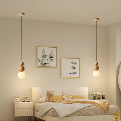 Traditional Vintage Solid Wood & Glass Round Gourd 1-Light Pendant Light For Bedroom & Living Room