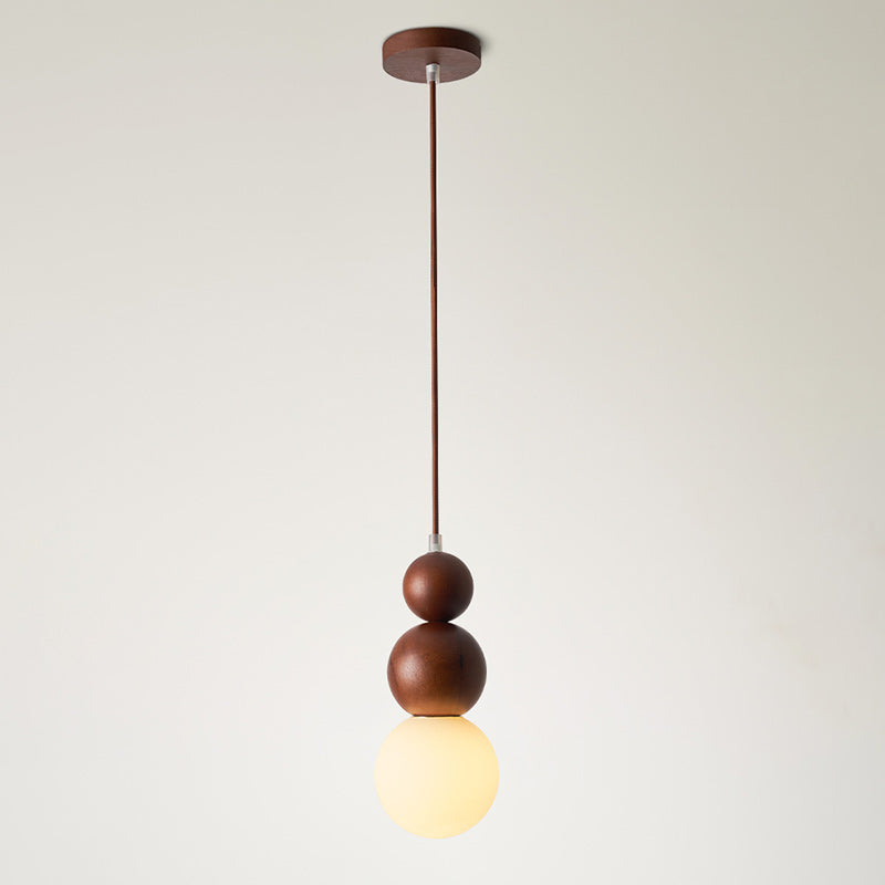 Traditional Vintage Solid Wood & Glass Round Gourd 1-Light Pendant Light For Bedroom & Living Room
