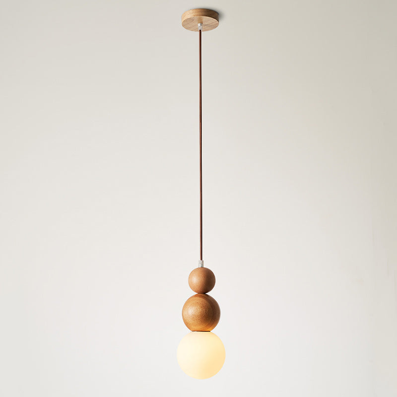 Traditional Vintage Solid Wood & Glass Round Gourd 1-Light Pendant Light For Bedroom & Living Room