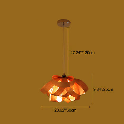 Traditional Chinese Natural Wood Veneer Ring Design 1-Light Pendant Light For Dining & Living Room