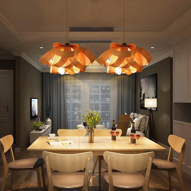 Traditional Chinese Natural Wood Veneer Ring Design 1-Light Pendant Light For Dining & Living Room