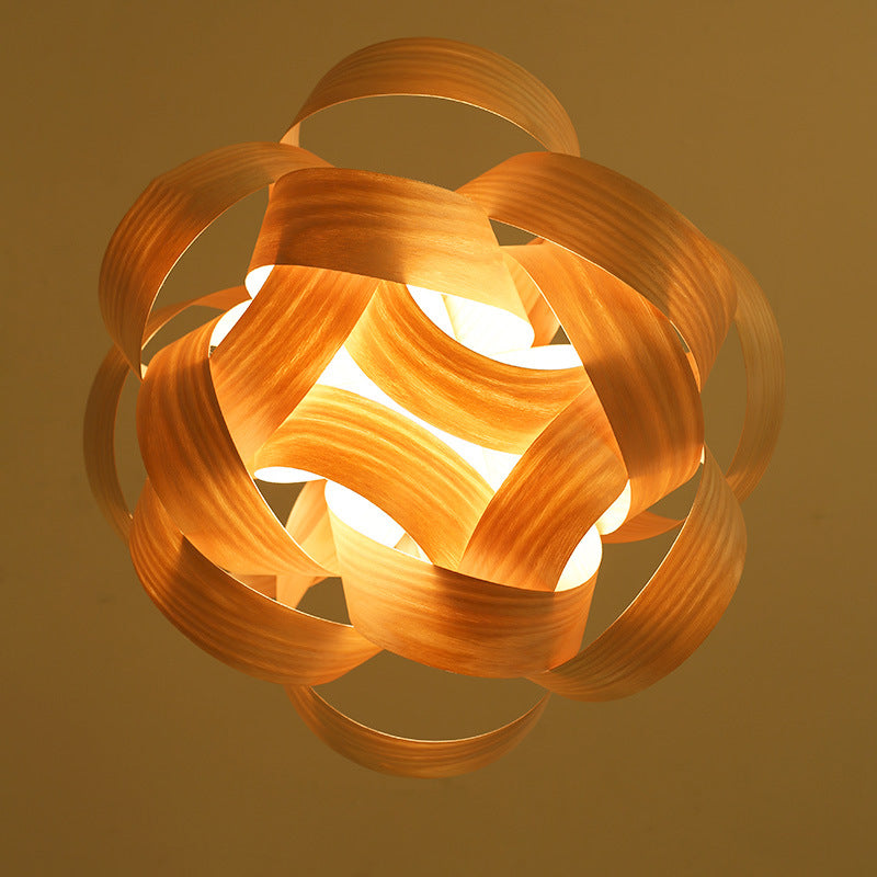 Traditional Chinese Natural Wood Veneer Ring Design 1-Light Pendant Light For Dining & Living Room