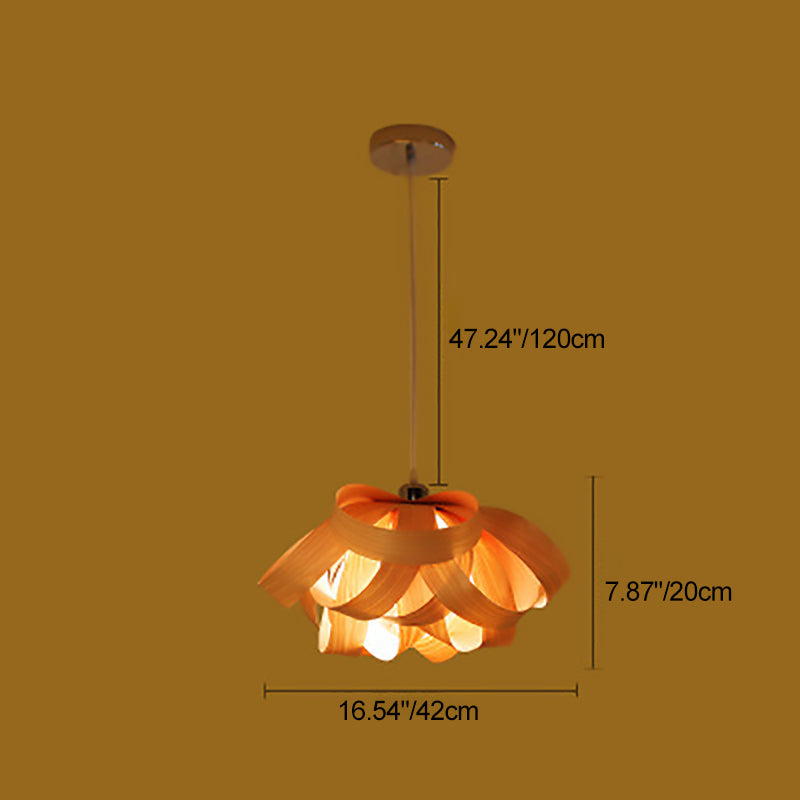 Traditional Chinese Natural Wood Veneer Ring Design 1-Light Pendant Light For Dining & Living Room