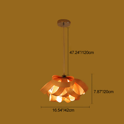 Traditional Chinese Natural Wood Veneer Ring Design 1-Light Pendant Light For Dining & Living Room