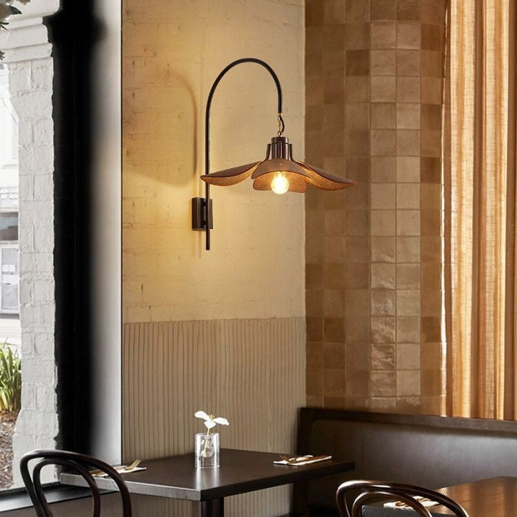 Modern Mid-Century Wood & Iron Curved Arm & Linen Leaf-Shaped Shade Wall Sconce Lamp 1-Light For Bedroom & Living Room