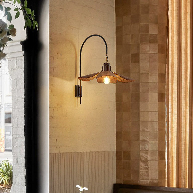 Modern Mid-Century Wood & Iron Curved Arm & Linen Leaf-Shaped Shade Wall Sconce Lamp 1-Light For Bedroom & Living Room