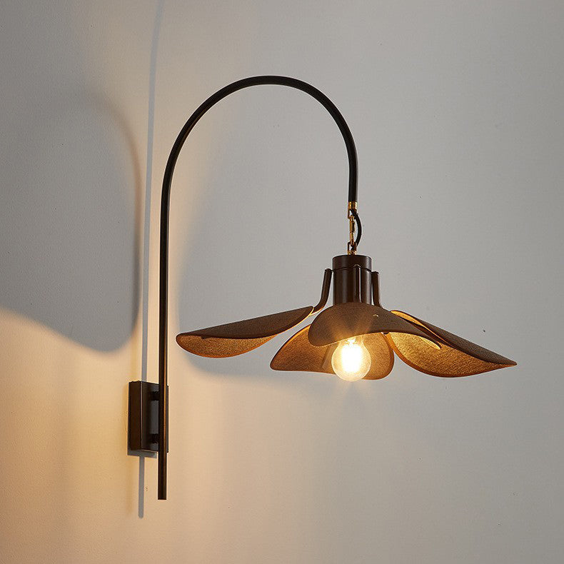 Modern Mid-Century Wood & Iron Curved Arm & Linen Leaf-Shaped Shade Wall Sconce Lamp 1-Light For Bedroom & Living Room