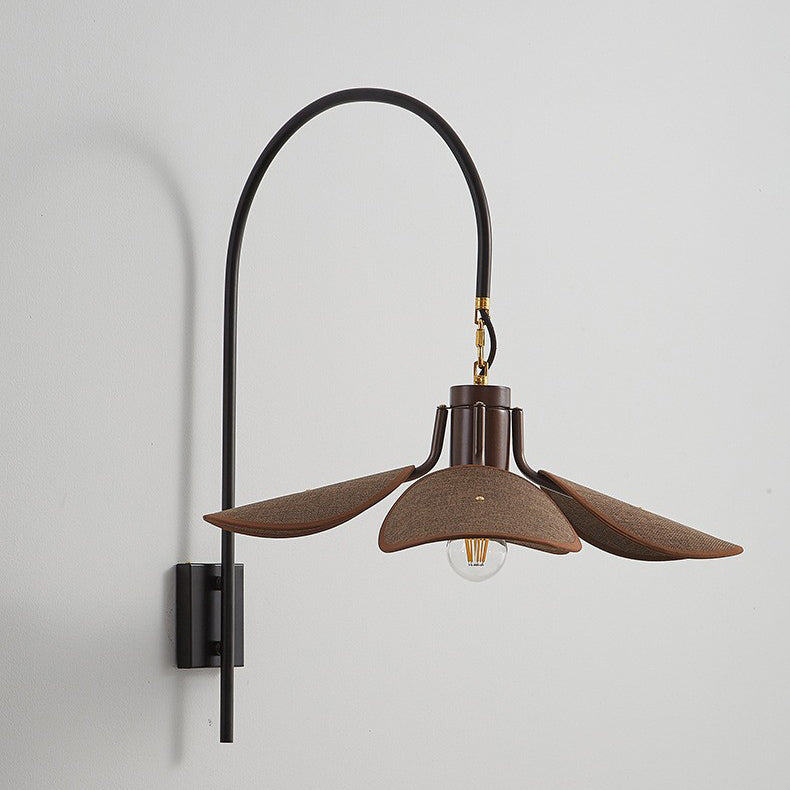 Modern Mid-Century Wood & Iron Curved Arm & Linen Leaf-Shaped Shade Wall Sconce Lamp 1-Light For Bedroom & Living Room
